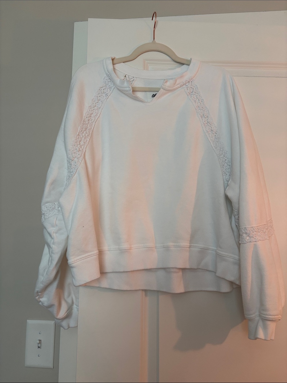 aerie White Lace-Trim Pullover Sweatshirt